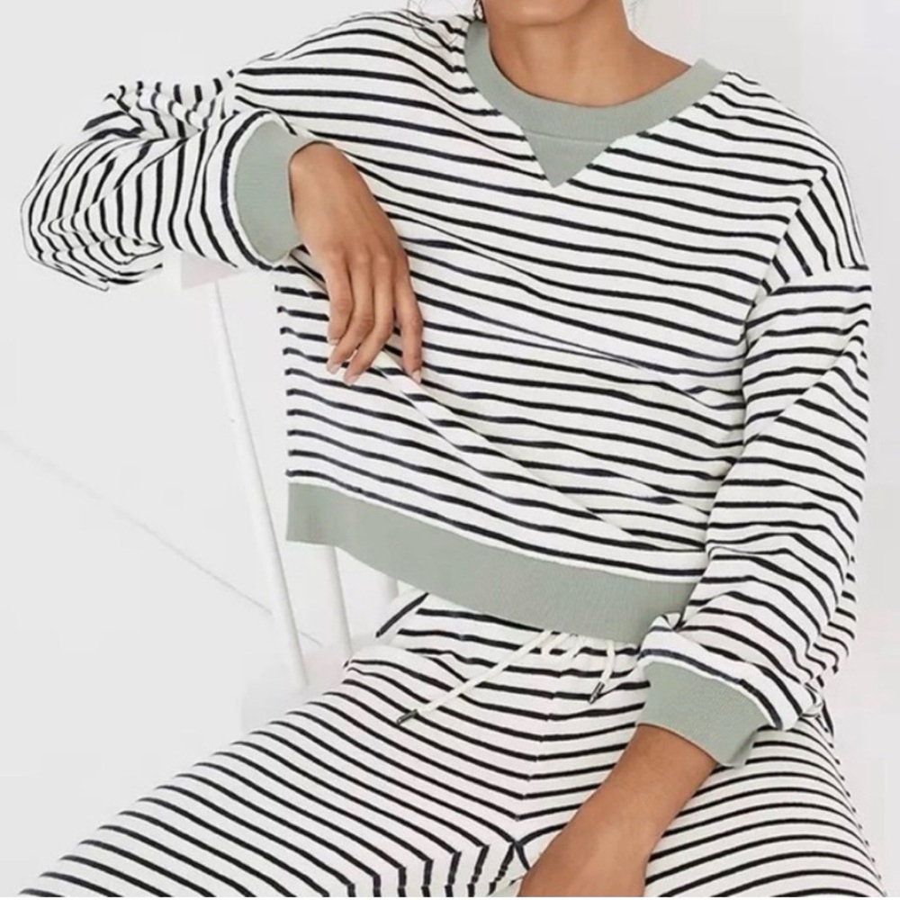 Madewell Black & White Striped Sweatshirt with Sage Trim